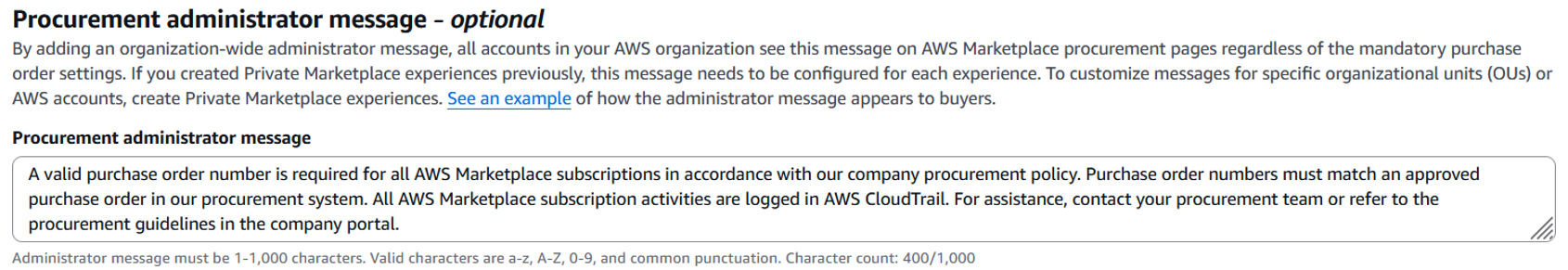 A procurement administrator sample message.